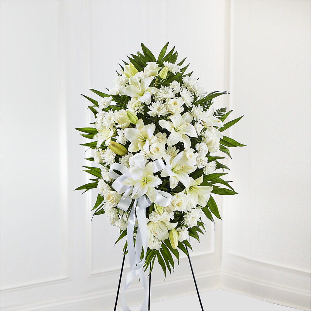 Exquisite Tribute Standing Spray-White Ribbon – A Special Design Florist, Newport News VA
